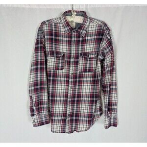 PD&C Button Down L Men's White Plaid Long Sleeve Flannel Cotton Classic